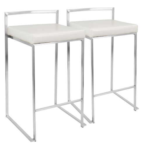 Fuji Stacker Counter Stool (Stainless Steel + White Faux Leather) - Set of 2